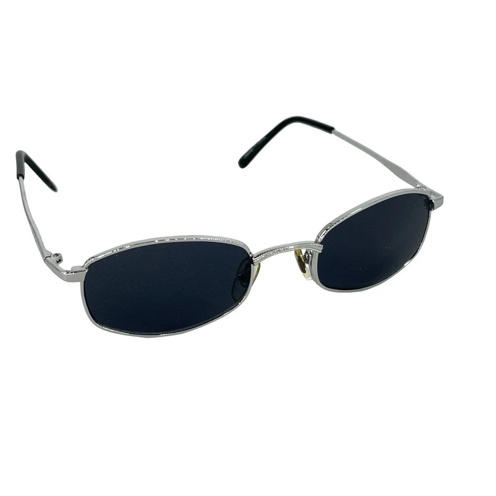 NOS Deziner Sunglasses Silver Metal Narrow Rectangle Dark Lens Y2K Retro